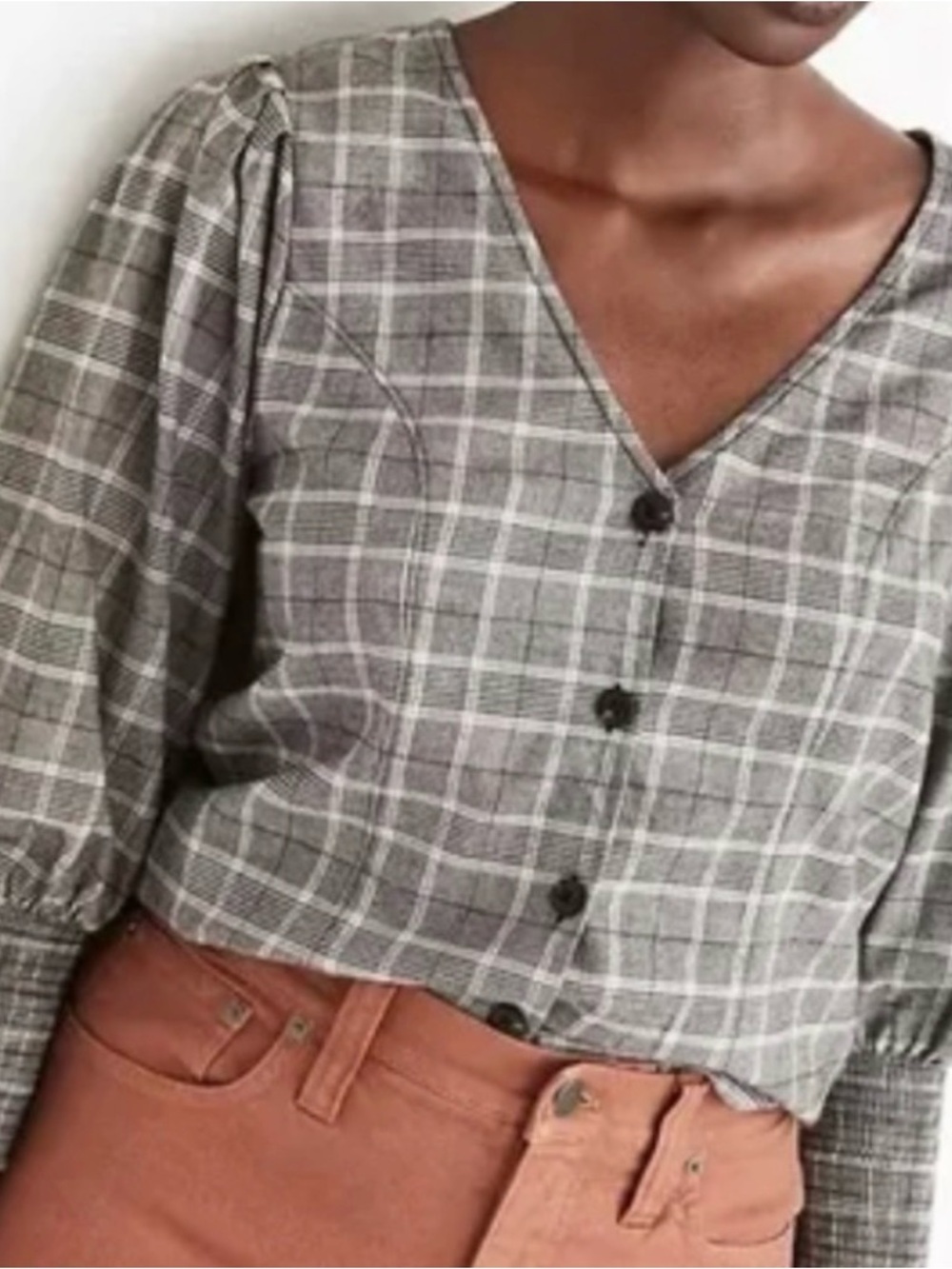 Madewell plaid smocked cuff button front shirt 6